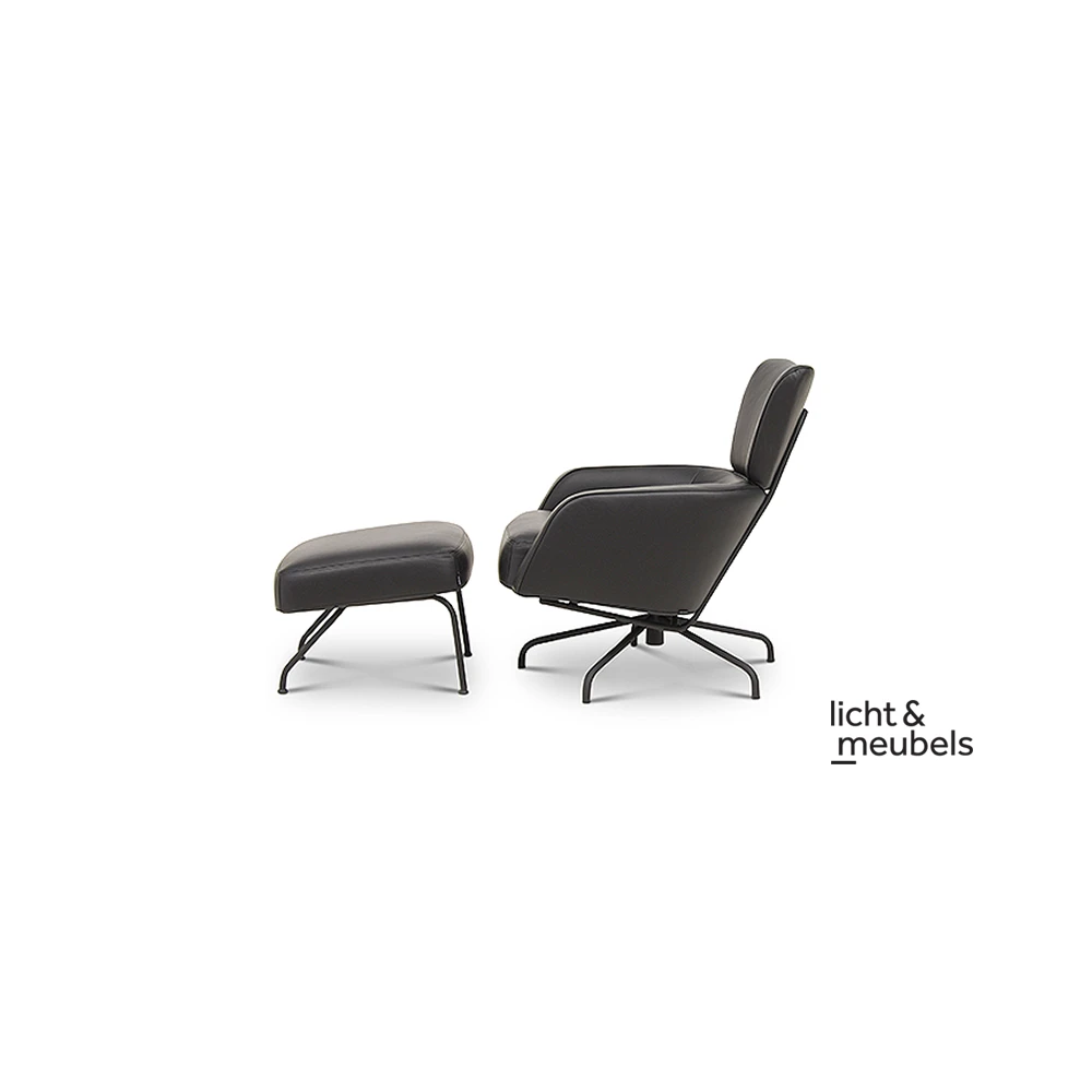 Harvink - Clip Draaibaar en comfortabel draai fauteuil met hocker leder zwart frame zwart zijaanzicht